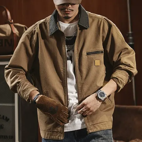 斜纹精梳棉工装衬衣百搭复古青古铜拉链外套男春秋款宽松外套男图片