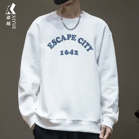 希越美式印花套头白卫衣男圆领400g重磅春秋款宽松大码内搭打底衫图片