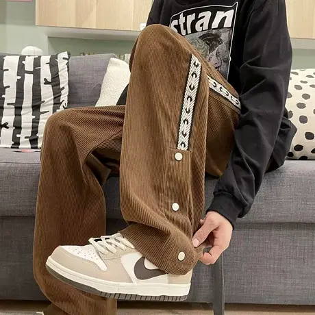 织带排扣灯芯绒裤子男春秋季高街ins潮牌运动裤直筒宽松休闲长裤商品大图