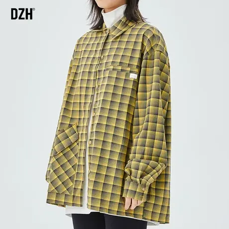 DZH男士中性港风复古长袖格子衬衫男秋季ins潮开衫衬衣2023年新款商品大图