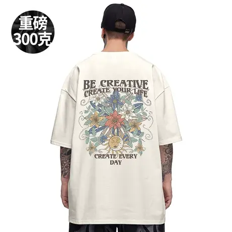 300g重磅美式复古短袖t恤街头大码青少年圆领纯棉简约半袖男潮流商品大图