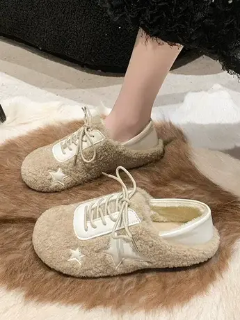 毛毛鞋2023新款秋冬系带软底两穿踩跟豆豆鞋棉拖鞋女羊羔毛乐福鞋商品大图