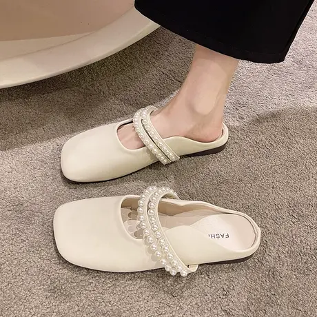 包头半拖鞋女2023年新款时尚平底凉拖仙女风懒人珍珠穆勒单鞋外穿商品大图