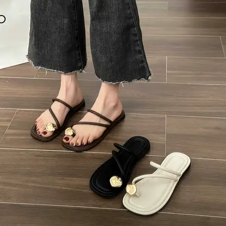 网红平底罗马凉鞋女2023年夏季新款小金扣套趾低跟沙滩外穿凉拖女商品大图