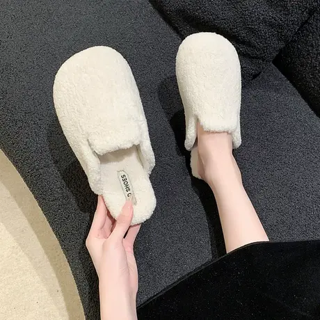 包头半拖鞋女室外百搭秋冬季加绒羊羔毛毛鞋外穿懒人平底软底棉拖商品大图