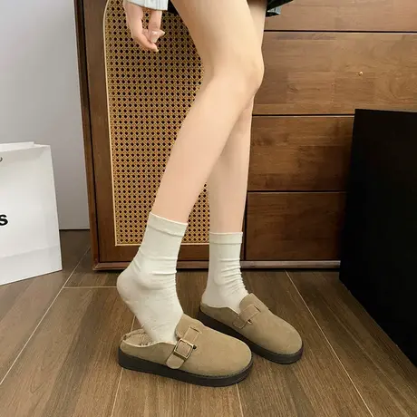 勃肯鞋秋冬2023新款懒人鞋子外穿包头半拖鞋女加绒棉拖厚底毛毛鞋商品大图