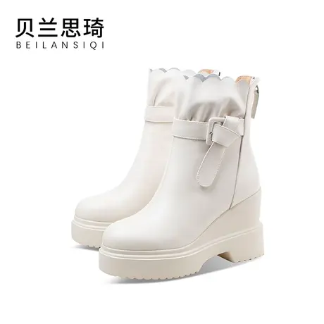 真皮舒适百搭厚底坡跟短靴女2024秋冬季新款加绒防水台高跟靴子图片