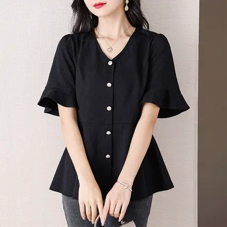 伊自尚2024新款女装大码胖mm夏法式小众设计感v领显瘦雪纺衫上衣图片