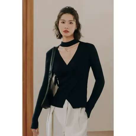 弥古黑色挂脖长袖针织衫法式掐腰上衣女秋冬交叉v领显瘦内搭打底商品大图
