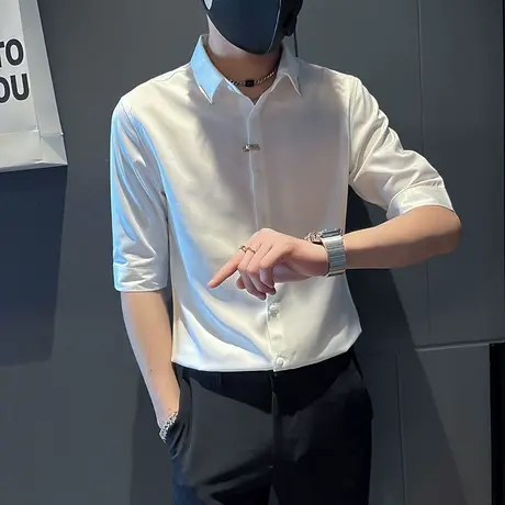 夏季男士修身潮流短袖衬衫时尚休闲纯色发型师潮牌网红中袖衬衣商品大图