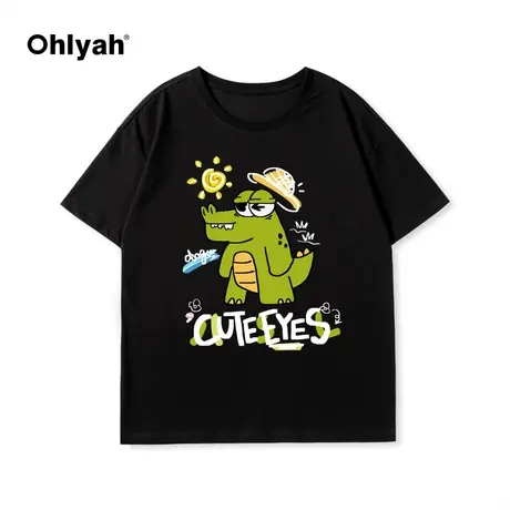Ohlyah春夏新款美式卡通小鳄鱼印花纯棉短袖T恤男女宽松情侣上衣商品大图