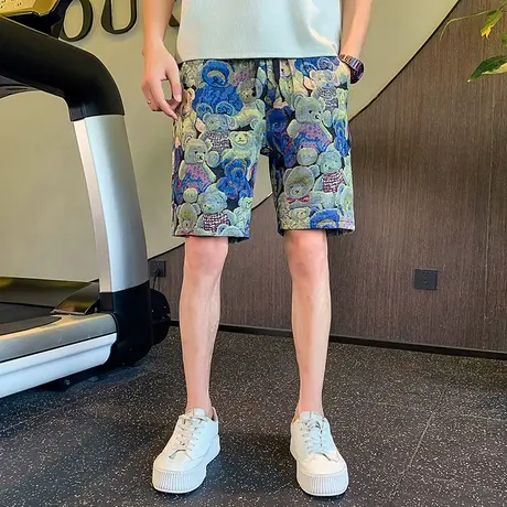 夏季男士短裤五分裤裤子沙滩裤宽松花色小熊图案直筒休闲运动中裤商品大图