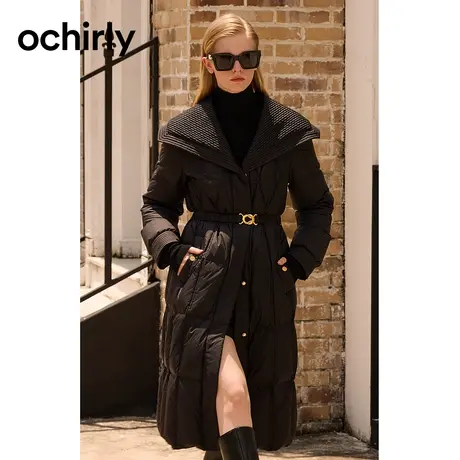 ochirly欧时力 披肩领绗线羽绒服女2023新款秋冬长款大衣配腰带图片