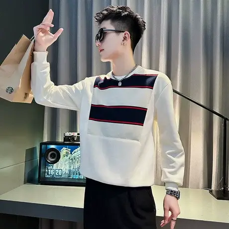 2023新款男拼色条纹休闲卫衣春秋季高级感ins长袖上衣T恤早秋外套商品大图