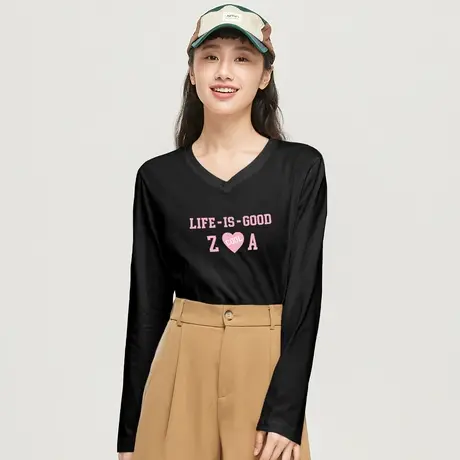 真维斯Z+女装 纯棉长袖t恤女V领合身显瘦少女心印花上衣打底衫X图片