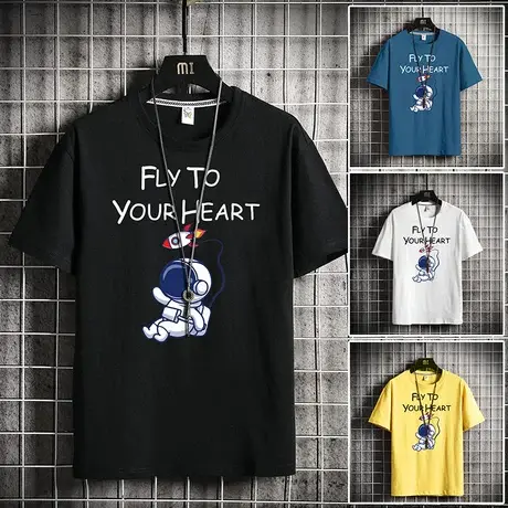 夏季新款短袖t恤男潮牌港风太空人印花衣服宽松半袖夏装纯棉体恤商品大图