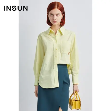 INSUN恩裳秋季几何口袋自然微褶纯棉衬衫图片