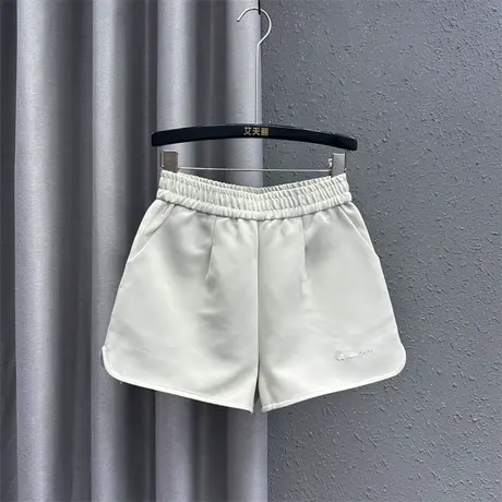 韩版松紧腰休闲裤女2024春夏新款米白色个性刺绣时尚百搭阔腿短裤图片