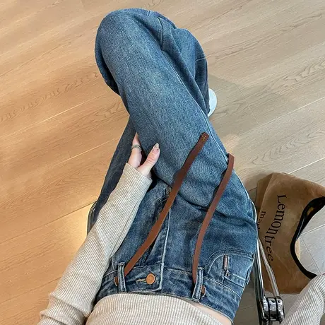 美式复古牛仔裤阔腿裤女春秋新款高腰宽松显瘦垂感抽绳直筒拖地裤商品大图