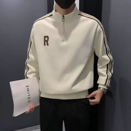 春季立领半拉链卫衣条纹休闲字母长袖T恤潮牌春款上衣外套POLO衫商品大图