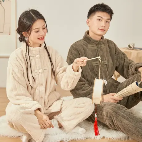 唐狮新款情侣睡衣冬季女款加厚珊瑚绒高领套装男新中式家居服SY商品大图