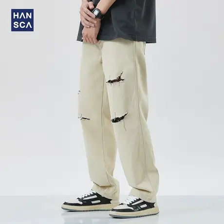 hansca美式高街破洞牛仔裤男春季复古水洗做旧设计感宽松直筒长裤商品大图