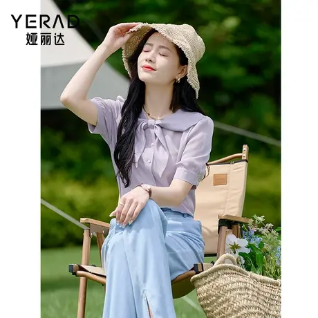 娅丽达兔耳衬衫女短袖2023夏季新款法式洋气蝴蝶结上衣紫色雪纺衫商品大图