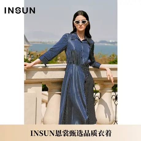 INSUN恩裳夏季条纹抗皱醋酸不对称衬衫连衣裙图片