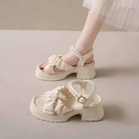 厚底凉鞋女2024年夏季新款串珠一字式扣带粗跟配裙子法式高跟鞋子商品大图