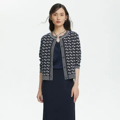LANCY/朗姿春夏新款圆领针织开衫几何图形外套商场同款专柜正品图片