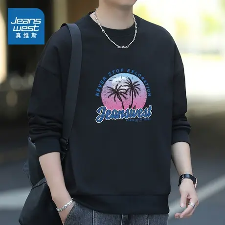 EI真维斯男装2023冬季新款 潮流印花宽松简约长袖内搭圆领卫衣商品大图