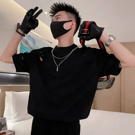 潮牌T恤男夏季美式个性破洞短袖T恤设计感网红半袖t恤痞帅半截袖商品大图