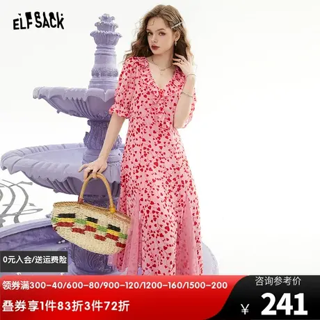 妖精的口袋v领碎花连衣裙女2023夏新款荷叶边长裙气质显瘦度假风图片