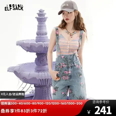妖精的口袋印花牛仔背带裤女2023夏新款短裤小个子设计感小众裤子商品大图