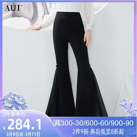 AUI黑色复古休闲裤子女2023夏新款高腰修身显瘦气质百搭微喇叭裤商品大图