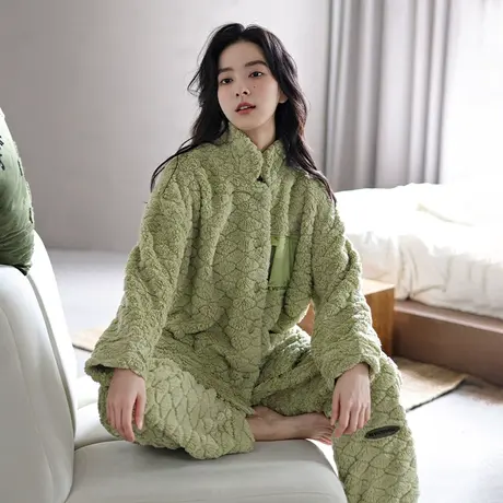 婷美珊瑚绒睡衣女士秋冬季立领休闲高颜值家居服加厚加绒保暖套装商品大图