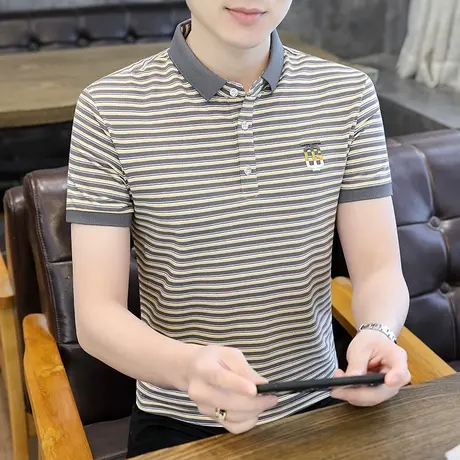 冰丝短袖t恤男夏季2023新款有领条纹Polo衫体恤潮流男装休闲衣服商品大图