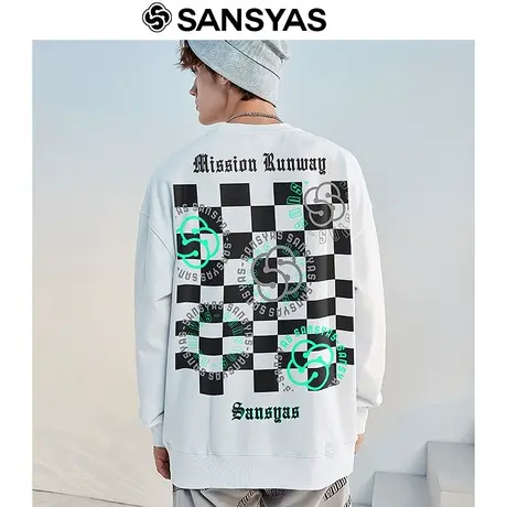 木村三社SANSYAS圆领套头卫衣冬季原创设计潮流格子休闲印花上衣商品大图