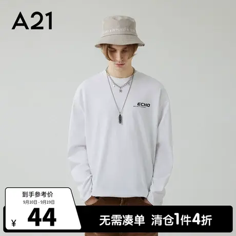 A21outlets男装宽松圆领白色长袖T恤秋季款潮牌纯棉男士体恤上衣图片
