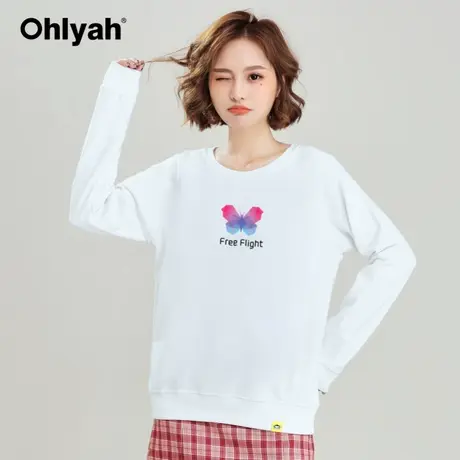 Ohlyah品牌蝴蝶卫衣女2023春秋薄款长袖白色圆领纯棉学生上衣大码图片