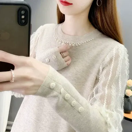 春装新款2023年蕾丝拼接毛衣女爆款洋气时尚圆领针织打底衫内搭潮商品大图