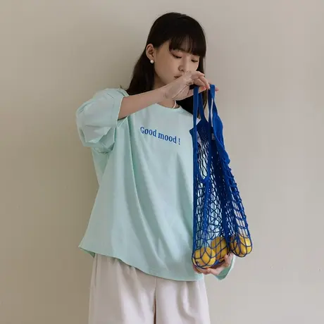 omont蛋挞家 复古轻薄感彩色印花短袖T恤女夏季新款休闲宽松上衣商品大图