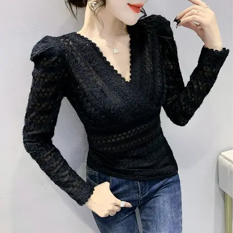 性感V领蕾丝上衣春秋2023新款镂空泡泡袖打底衫洋气紧身长袖小衫图片