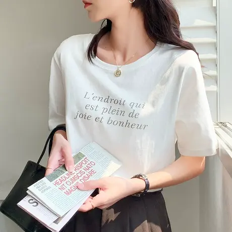 白色短袖t恤女2023年夏季新款韩版宽松字母印花半袖纯棉正肩上衣商品大图