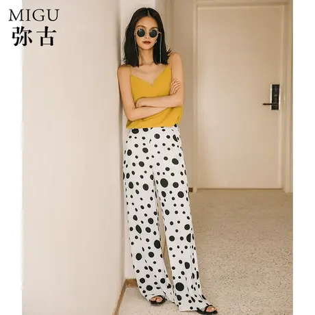 弥古波点雪纺阔腿裤女夏季薄款直筒休闲裤高级感拖地长裤白色裤子图片