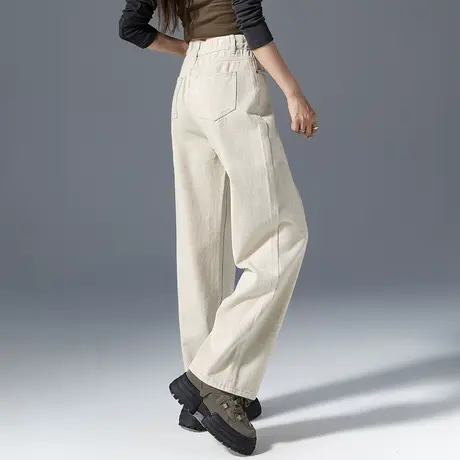 高腰阔腿牛仔裤女2023新款春秋米色裤子显瘦女裤秋季拖地裤直筒裤商品大图