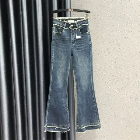 蓝色毛边设计感牛仔微喇裤女2023秋季新款洋气高腰显瘦喇叭裤长裤商品大图