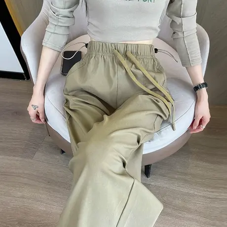 美式工装裤女宽松春秋2023新款休闲登山裤高腰抽绳束脚运动阔腿裤图片