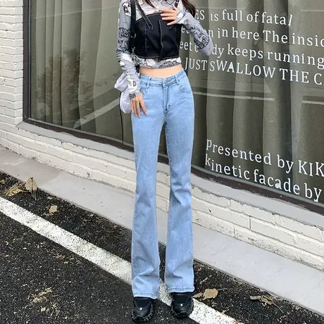 浅色喇叭牛仔裤女2023年新款春季高腰显瘦美式高街拖地微喇马蹄裤图片