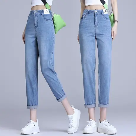 蓝色牛仔九分老爹裤薄款2023年夏季新款卷边宽松高腰直筒萝卜裤潮商品大图